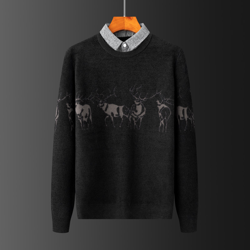 假两件毛衣男潮流加绒加厚修身男士针织打底衫提花保暖衬衫领上衣