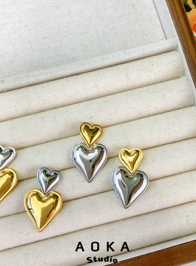 INS风潮牌欧美爱心上下金银拼色耳环耳饰灵动钛钢金轻奢通勤大气