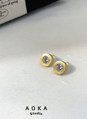 复古设计款手工感纹理闪钻锆石拉丝磨砂耳钉925银针镀金简约气质