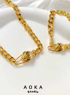 ins风无性别时尚衔尾蛇头绿锆项链项圈手链钛钢镀金高级感饰品女