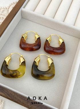 欧美高级感夸张复古U型美拉德琥珀色树脂耳环耳饰女个性气质耳圈