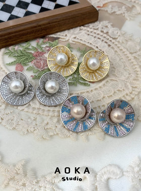 复古高级螺旋海贝造型微镶锆石仿珍珠925银针耳钉耳饰女轻奢气质