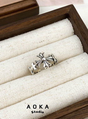 925纯银十字架尾戒复古做旧款戒指女vintage风气质设计感线条饰品