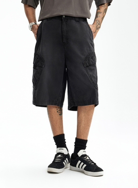 复古美式街头 重度水洗做旧 多口袋 松紧腰 宽松五分中裤工装短裤