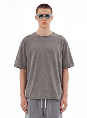 245竹节棉面料 复古炒雪花水洗做旧 拼接设计 卷边宽松短袖T恤