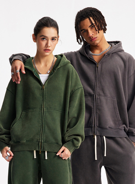 370G加绒 美式水洗做旧蜡染破坏磨边Boxyfit短款宽松拉链连帽卫衣