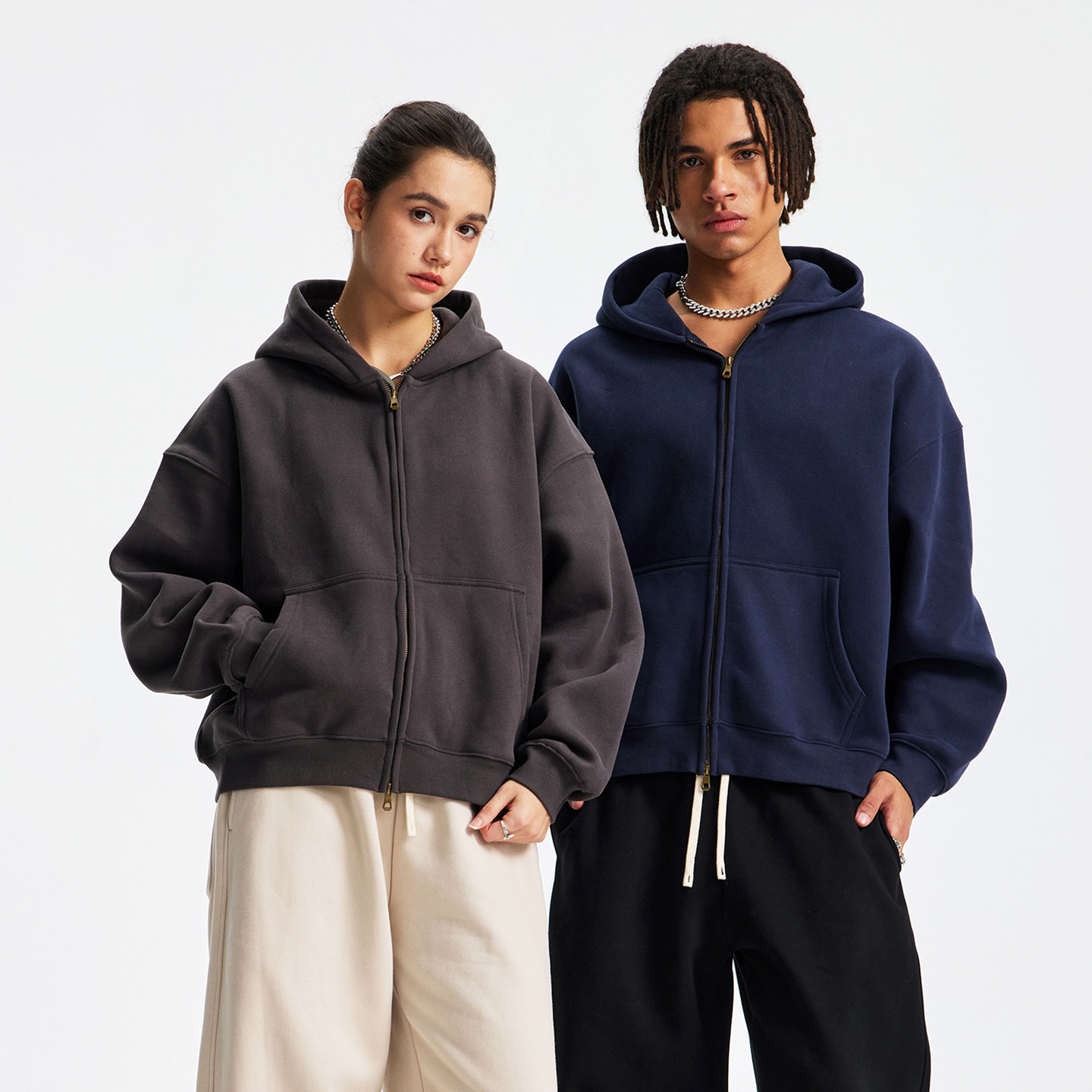 加绒Boxyfit短宽款拉链连帽卫衣