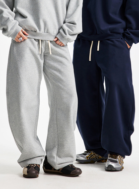 430G恒温暖皮加绒面料 美式街头风基础款 弯刀宽松平口休闲卫裤