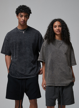 275G双纱精梳棉 美式基础水洗蜡染做旧男女同款落肩宽松短袖T恤