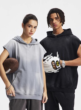 美式重磅380G纯棉毛圈面料 无袖散边喷染做旧宽松连帽背心 马甲