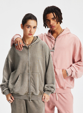 430G重磅纯棉毛圈面料基础款 水洗做旧蜡染 美式拉链宽松连帽卫衣