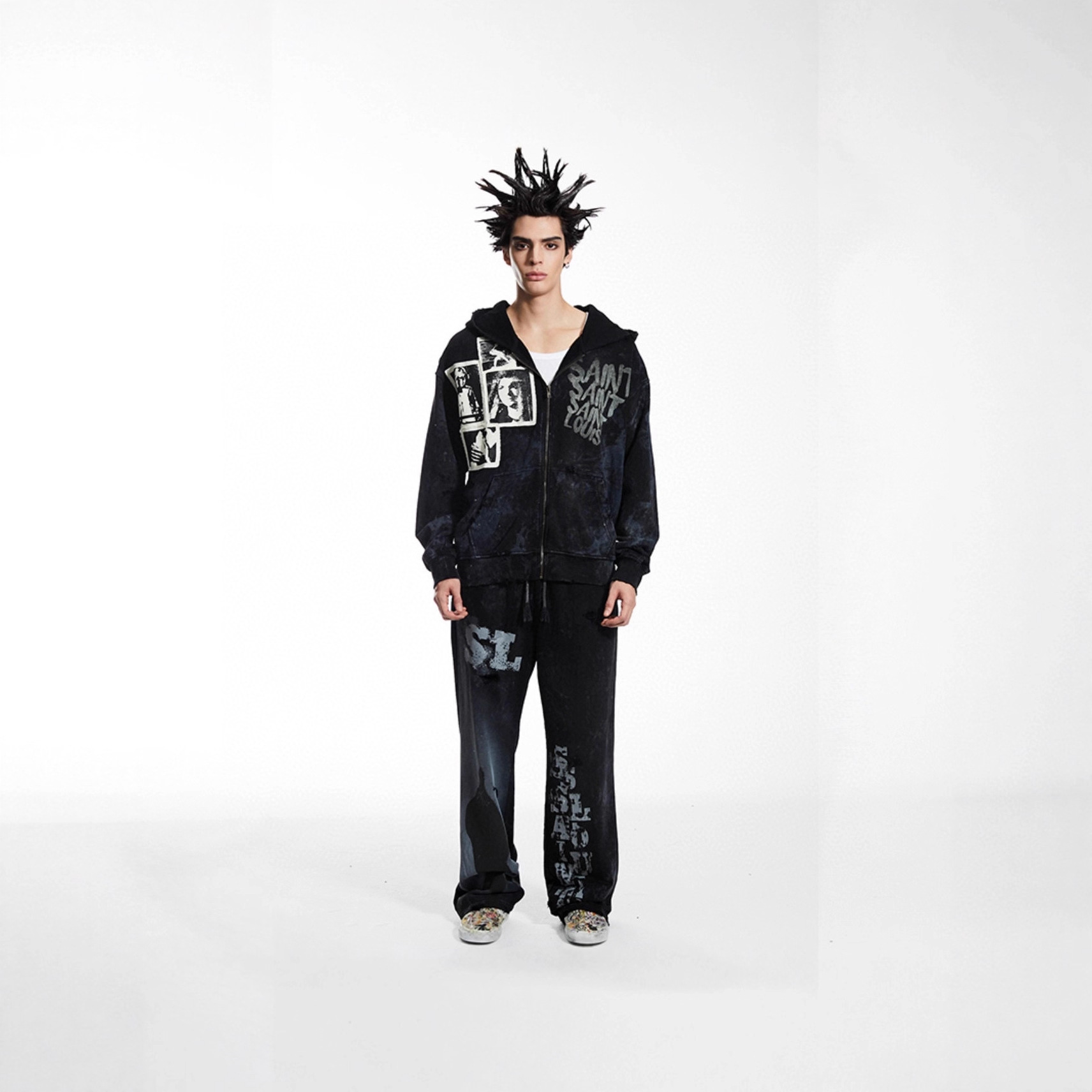 SSSAINT LOUIS 贴补人物肖像字母印花长袖拉链连帽卫衣男女同款潮