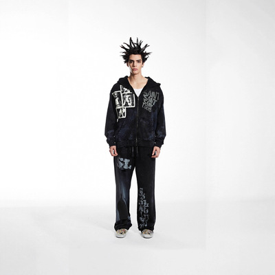 SSSAINT LOUIS 贴补人物肖像字母印花长袖拉链连帽卫衣男女同款潮