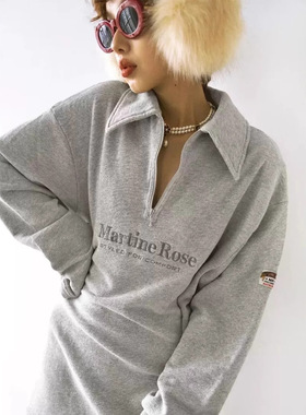 Martine Rose浅灰色毛圈绒翻领针织卫衣休闲宽松半拉链Polo衫长袖