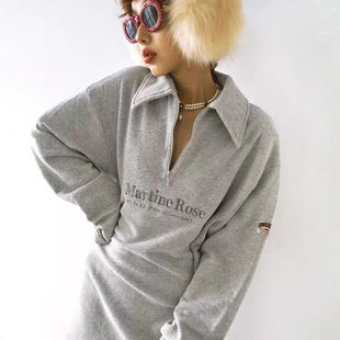 Martine Rose浅灰色毛圈绒翻领针织卫衣休闲宽松半拉链Polo衫长袖