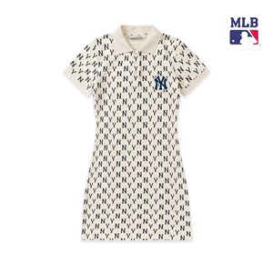 韩国正品MLB女老花满印连衣裙女复古短袖休闲春夏季新款半身长裙
