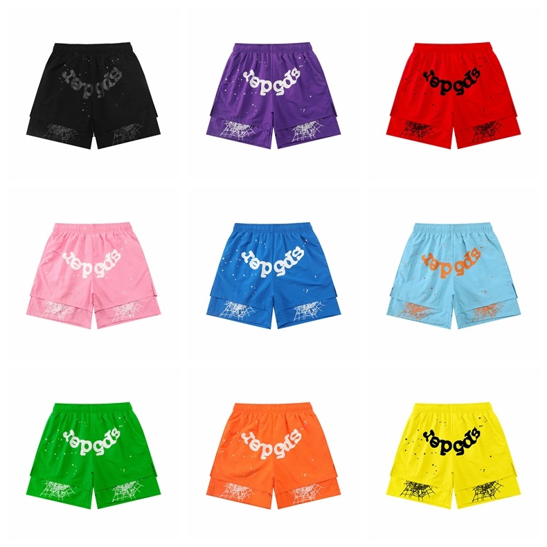 夏季Sp5der美式高街潮牌拼接运动休闲印花短裤梭织沙滩抽绳五分裤