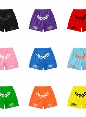 夏季Sp5der美式高街潮牌拼接运动休闲印花短裤梭织沙滩抽绳五分裤