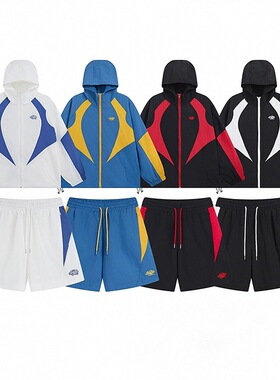 美潮Syna Drill风刺绣logo拼接撞色宽松夹克外套街头休闲短裤套装