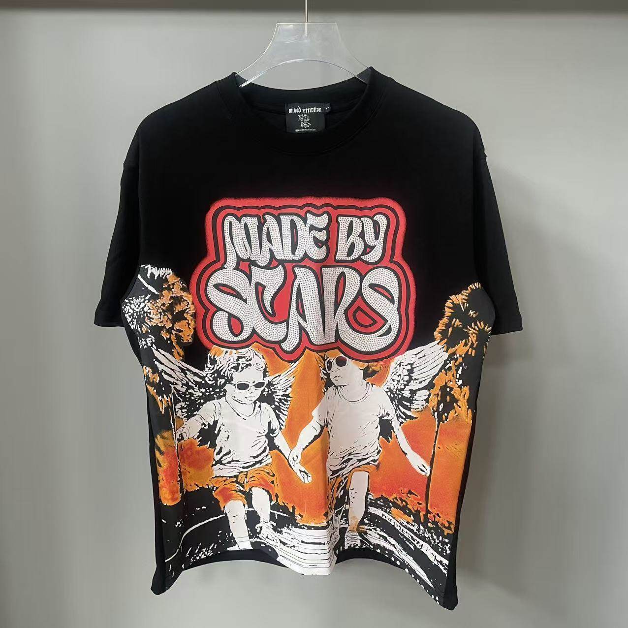 美潮MIXED EMOTION街头天使印花烫钻字母夏季宽松休闲男女短袖T恤
