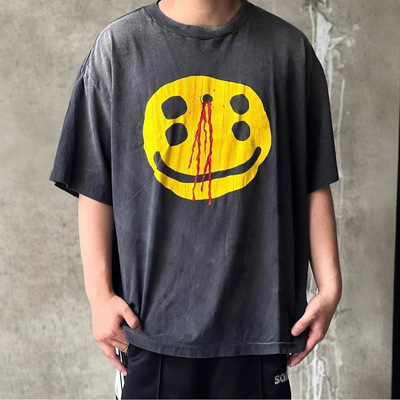 CPFM联名Saint Micheal潮牌水洗做旧笑脸印花短袖高街美式休闲T恤