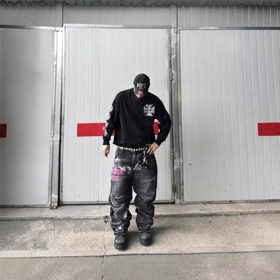 Sssaint Louis做脏破坏长袖T恤街头涂鸦十字星上衣美式潮牌高街男