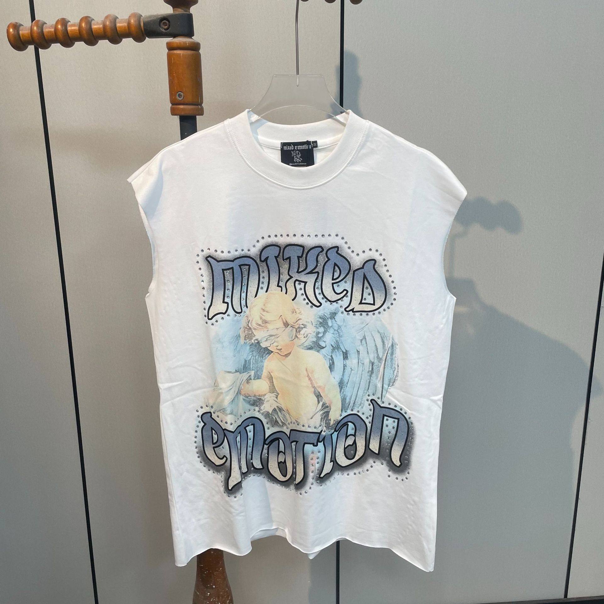 潮牌MIXED EMOTION天使印花烫钻夏季男女同款宽松休闲坎肩背心潮