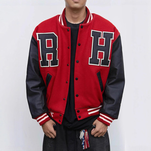 Broken Moon红色美式复古重工刺绣纽扣棒球服高街夹棉夹克外套潮