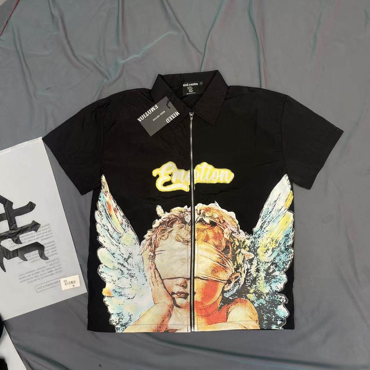 MIXED EMOTION街头字母蒙面天使印花短袖衬衫沙滩休闲短裤套装ins