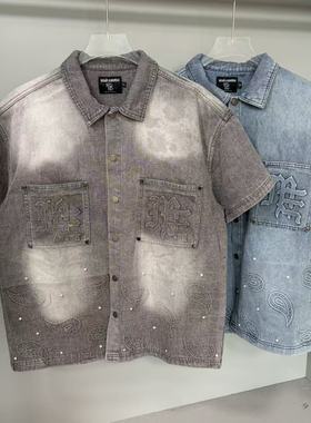 MIXED EMOTION街头复古凹凸钢印烫钻牛仔短袖衬衫春秋男女外套ins