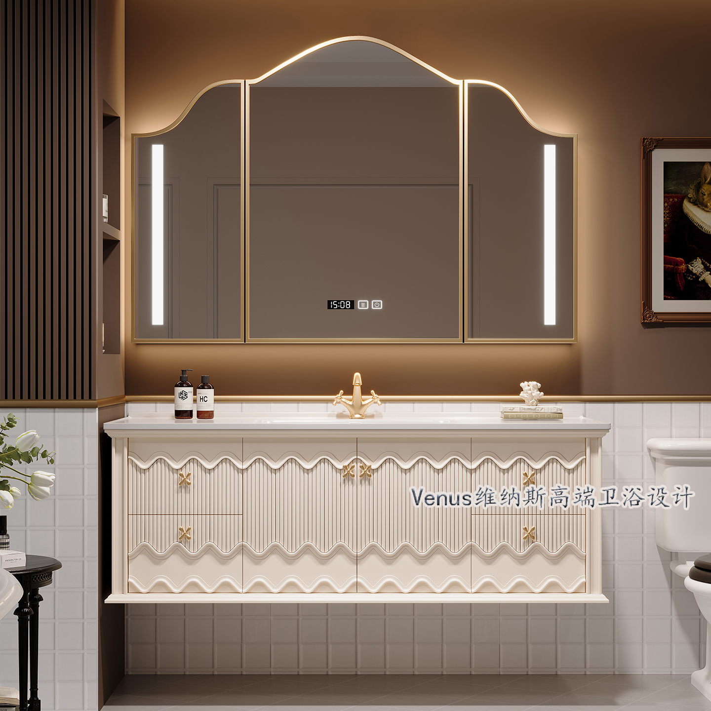 高端法式复古浴室柜组合橡木挂墙卫生间洗漱台洗手盆柜卫浴柜定制