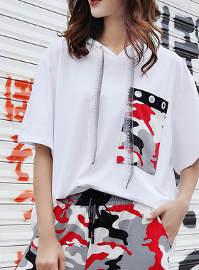 超火cec连帽短袖t恤衫女2025夏装新款宽松女装白色半袖体恤上衣潮