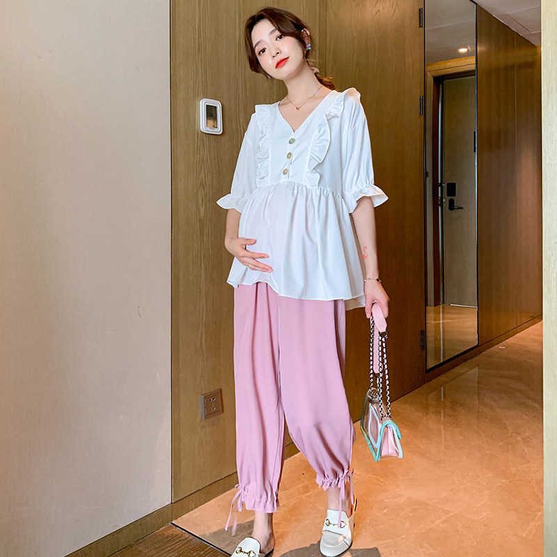 。孕妇装夏套装宽松减龄上衣夏季外出时尚薄款雪纺灯笼裤产检两件