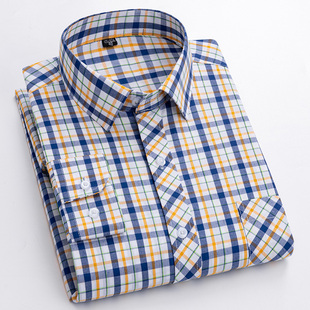 薄款 全棉免烫宽松中年爸爸装 青年男士 衬衫 格子衬衣 纯棉长袖 夏季