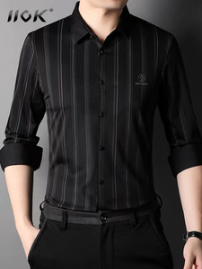 IIOK高端秋季男士条纹长袖衬衫商务休闲中年爸爸装衬衣男装衬上衣