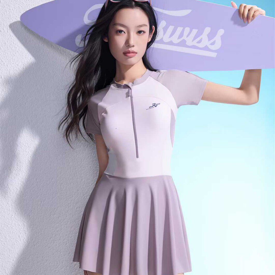 颖熙梦60063成人泳衣女连体平角裙式短袖遮肚显瘦游泳衣温泉泳装