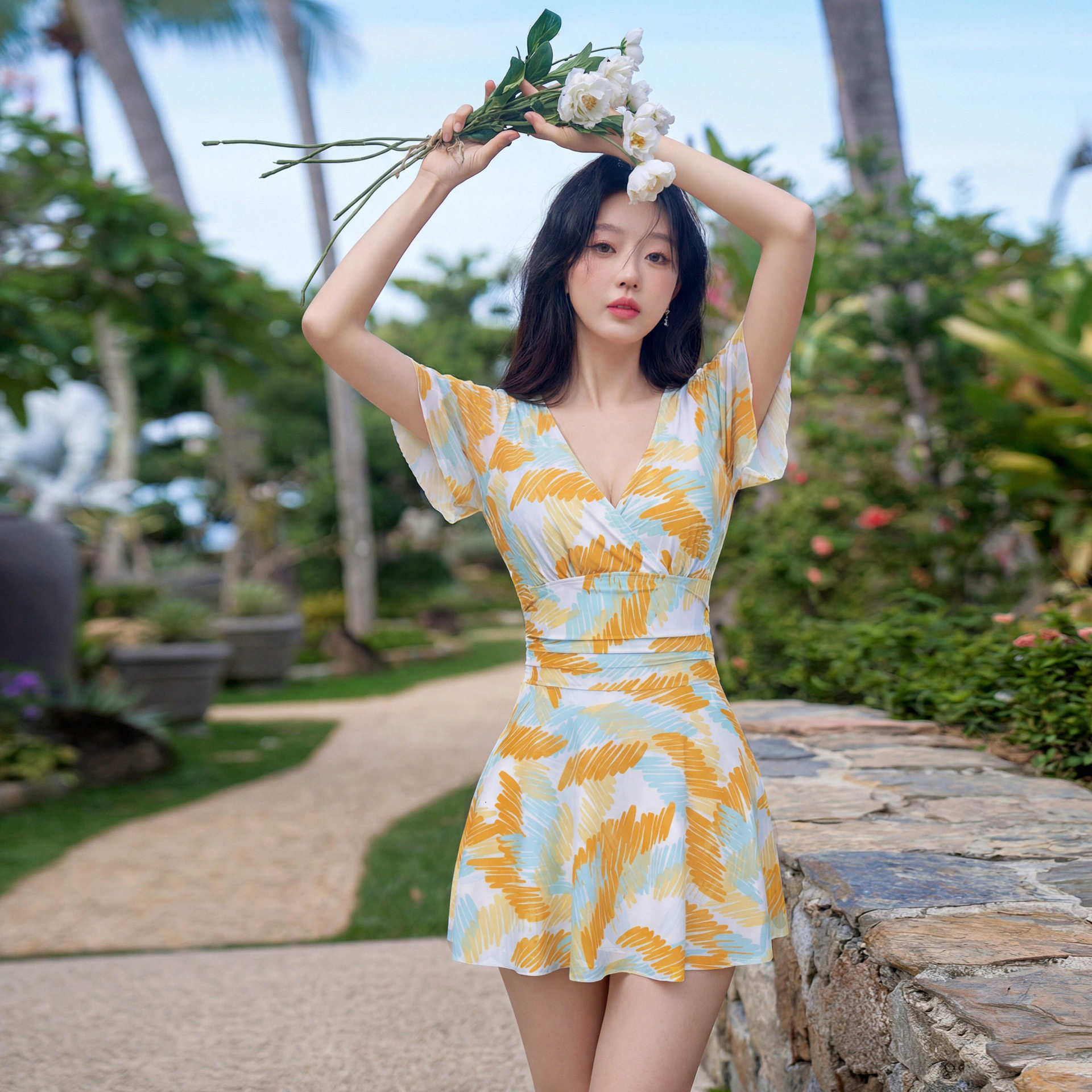 奇海泳衣女V领短袖性感连衣裙式修身显瘦短裙纯欲风泳装2026新款