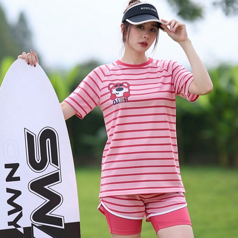 条纹粉色少女泳衣胖MM分体平角三件套短袖罩衫遮肚显瘦海边度假装