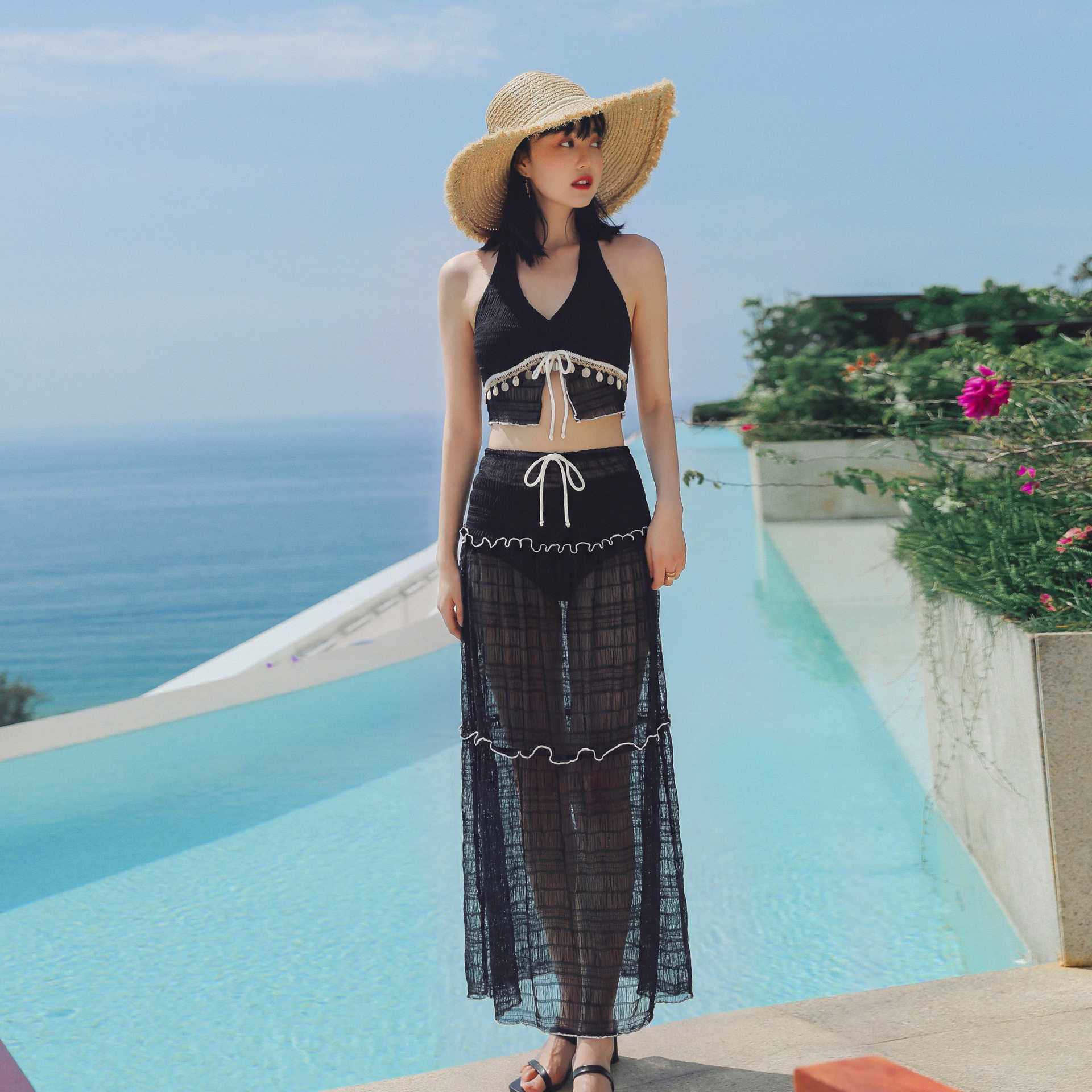 奇海泳衣女分体比基尼三件套挂脖遮肚显瘦长裙纯欲风海边度假泳装