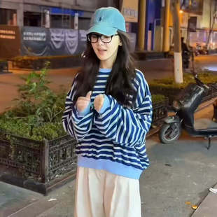 韩代诺楠同款圆领春秋新款条纹经典宽松显瘦卫衣上衣长袖撞色女