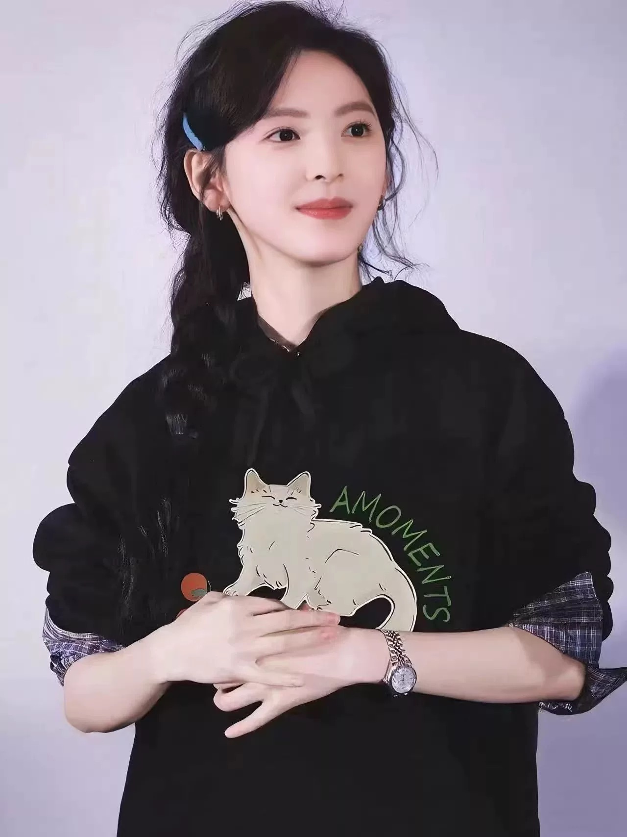 韩国单-猫咪印花章若楠百搭连帽卫衣外套加绒秋冬保暖宽松显瘦