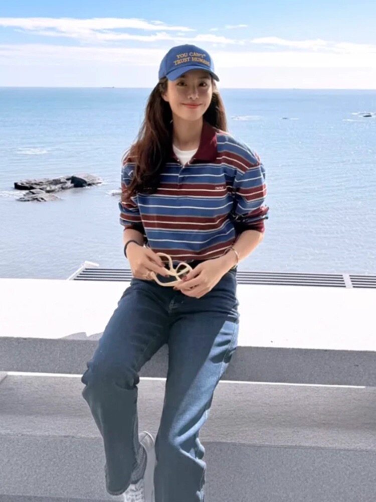 韩国爆款正确面料gr*ve车静媛同款POLO撞色条纹翻领T恤女
