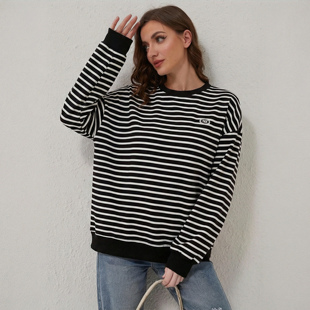 韩单 E*G鸡蛋家黑白条纹撞色学院风毛圈卫衣女显瘦上衣