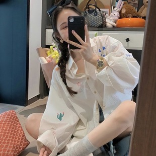 长袖 韩代慵懒风满银可爱极简防晒衬衫 女宽松显瘦女外套休闲