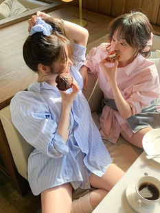 韩系东大门蓝条纹Grov*e车静媛同款设计感条纹宽松休闲长袖衬衫女