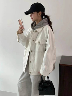 韩系egg宽松休闲纯色翻领单排扣牛仔外套女