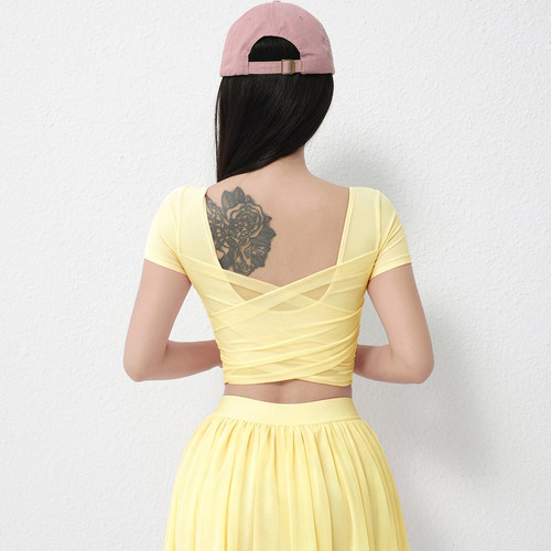 网纱交叉美背运动短袖女修身短款弹力透气健身服跑步训练瑜伽上衣