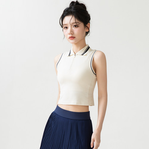 学院风短款Polo领健身背心女半拉链条纹无袖T恤速干运动瑜伽上衣