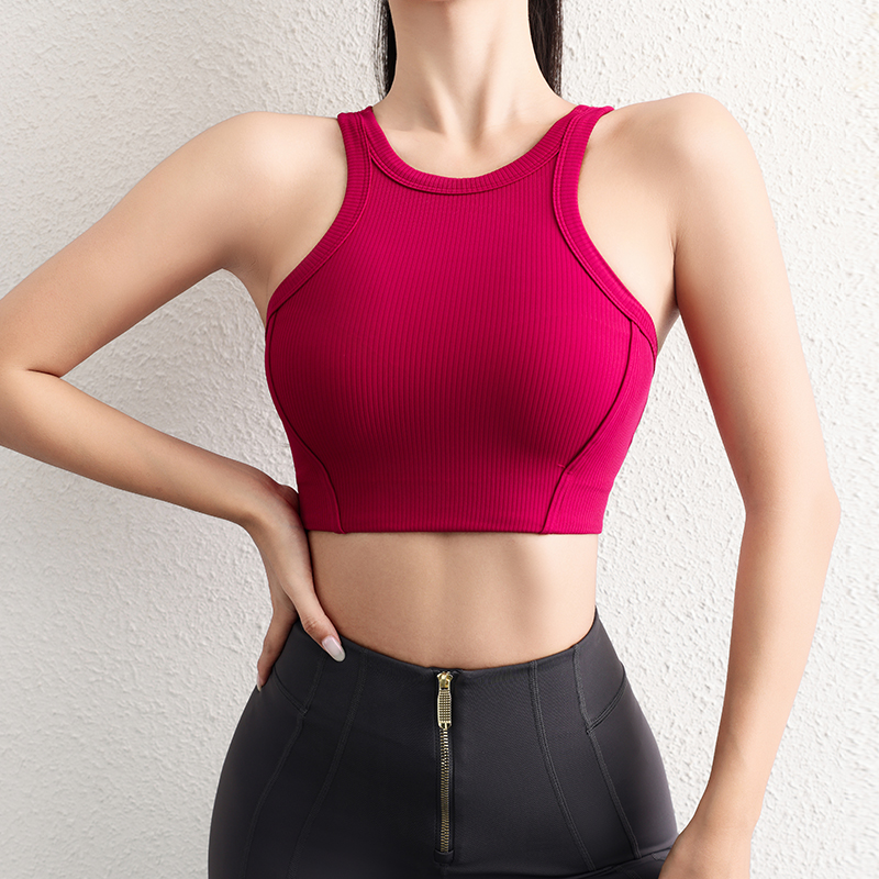 大牌同款女士罗纹瑜伽内衣 速干透气防震运动文胸一体杯健身上衣