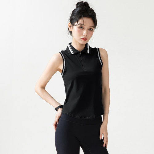 夏季Polo领运动背心女半拉链无袖速干瑜伽服网球跑步训练健身上衣